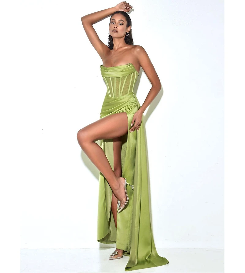Miss Circle Women's Prisa Lime High Slit Satin Corset Gown