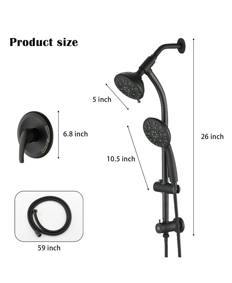 Rainsken High Pressure 48-Settings Shower Head with Handheld Shower,Adjustable Height Slide Bar Dual Shower Head Combo Set