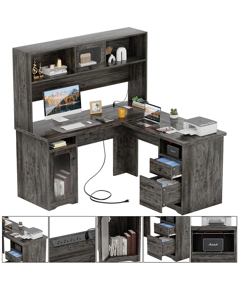 L Shaped Desk with Hutch, Corner Workstation Charge Station and File Cabinet