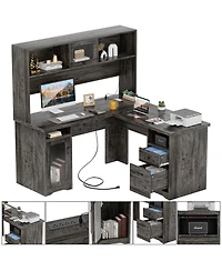 L Shaped Desk with Hutch, Corner Workstation Charge Station and File Cabinet