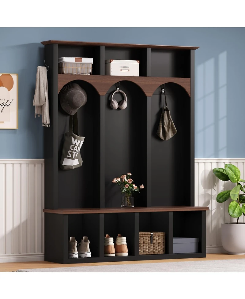 Streamdale Farmhouse Hall Tree Bench Shoe Cabinet - Walnut & Black