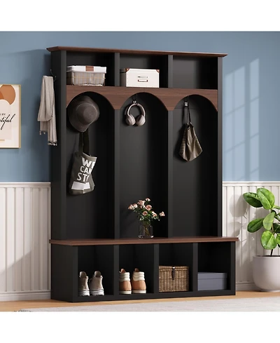 Streamdale Farmhouse Hall Tree Bench Shoe Cabinet - Walnut & Black