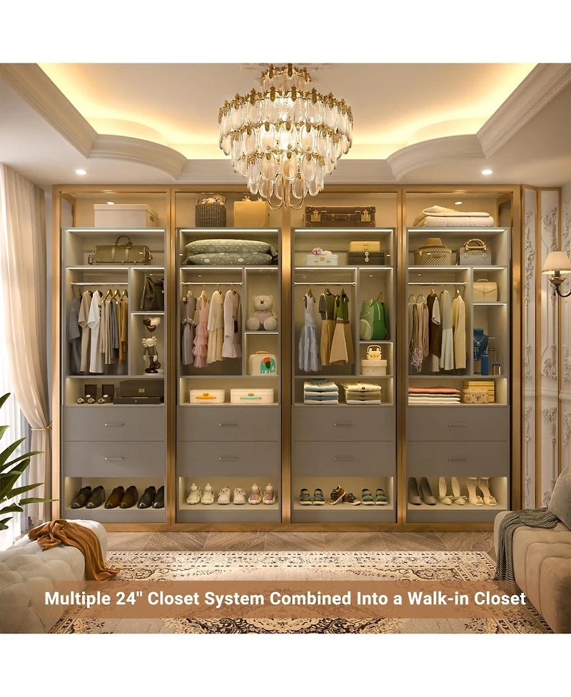 Aheaplus 23.6'' Freestanding Closet System with 2 Drawers and 6 Shelves, 2FT Small Walk-in Organizer Hanging Rod