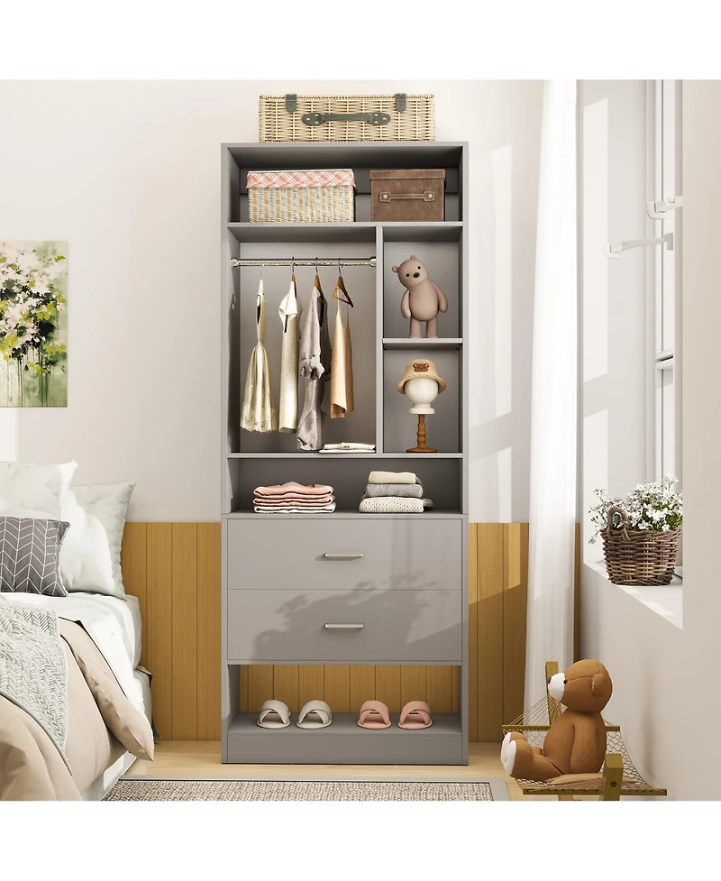 Aheaplus 23.6'' Freestanding Closet System with 2 Drawers and 6 Shelves, 2FT Small Walk-in Organizer Hanging Rod