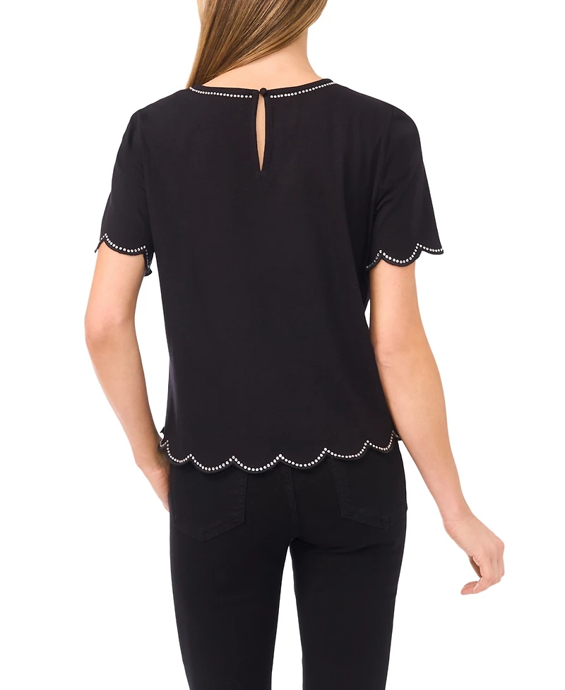 CeCe Women's Rhinestone Scalloped Knit Top