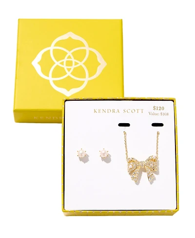 Kendra Scott 2-Piece Freshwater Cultured Pearl (2.8mm-7mm) Krista Bow Pendant Necklace and Ashton Stud Earrings Gift Set