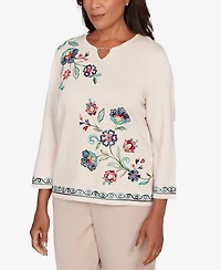 Alfred Dunner Plus Saratoga Springs Embroidered Floral Three-Quarter Sleeve Sweater
