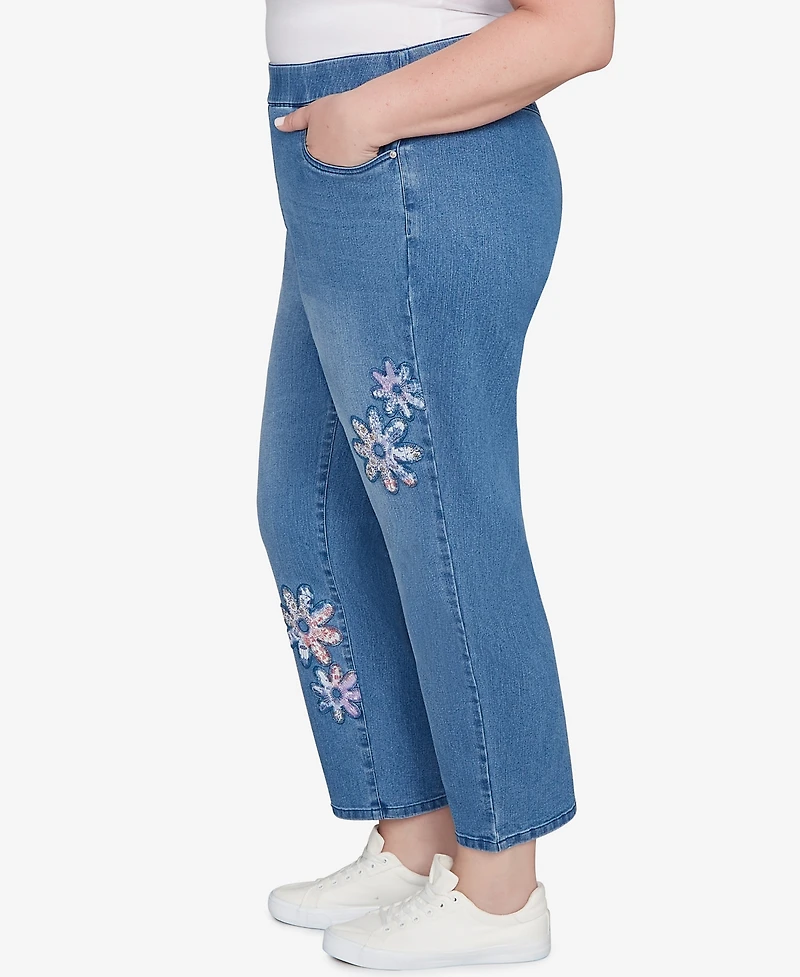 Alfred Dunner Plus Hilton Head Floral Applique Detail Average Length Jeans