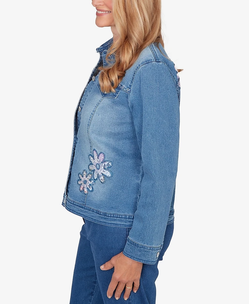 Alfred Dunner Plus Hilton Head Floral Applique Detail Light Denim Jacket