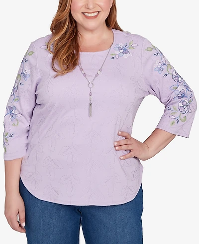 Alfred Dunner Plus Hilton Head Embroidered Sleeve Textured Top with Necklace