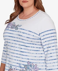 Alfred Dunner Plus Hilton Head Applique Flower Tie Dye Stripe Knit Top