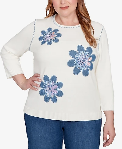 Alfred Dunner Plus Hilton Head Quilted Denim Applique Flower Sweater