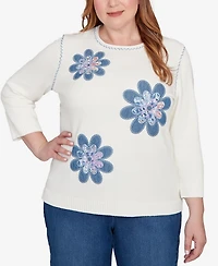 Alfred Dunner Plus Hilton Head Quilted Denim Applique Flower Sweater