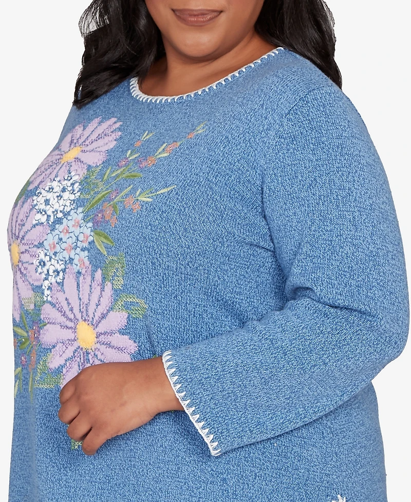 Alfred Dunner Plus Hilton Head Cross Stitched Floral Pullover Sweater