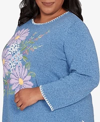 Alfred Dunner Plus Hilton Head Cross Stitched Floral Pullover Sweater