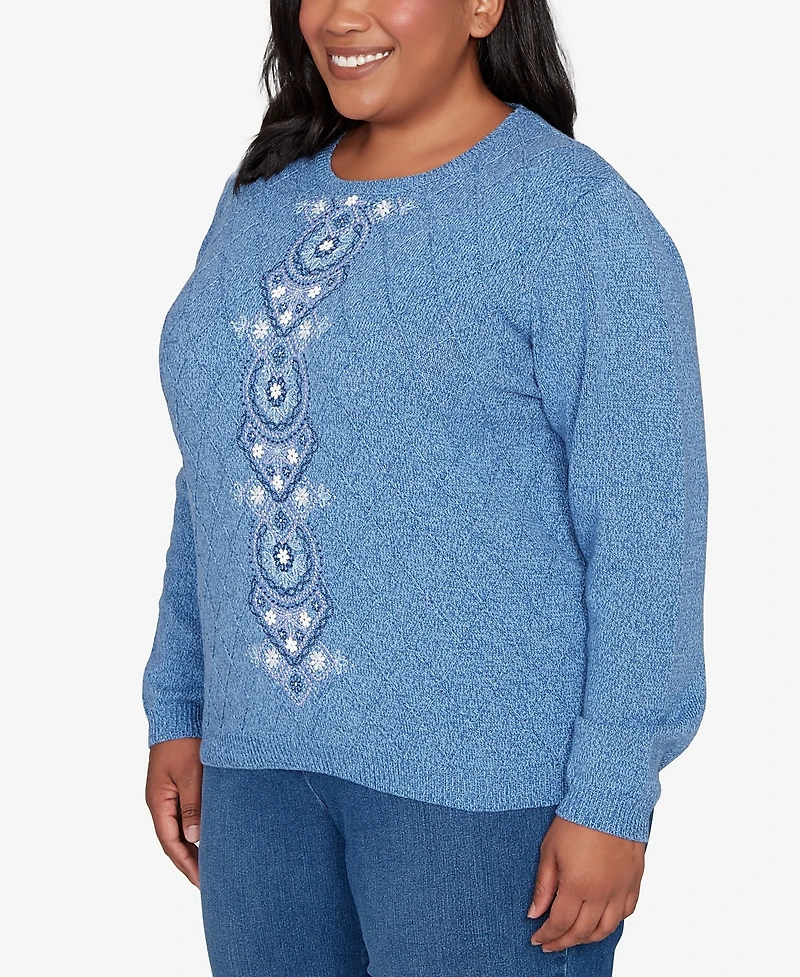 Alfred Dunner Plus Hilton Head Center Embroidery Accent Sweater