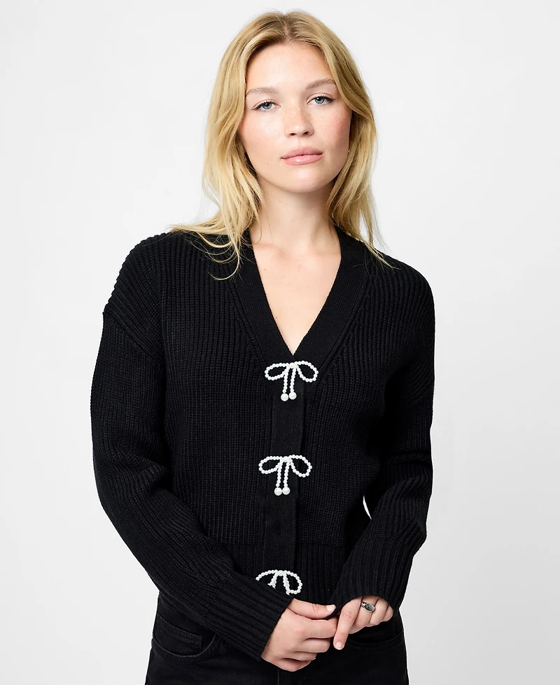 Fcuk Women's Babysoft Knit V-Neck Embellished Bow Cardigan Sweater