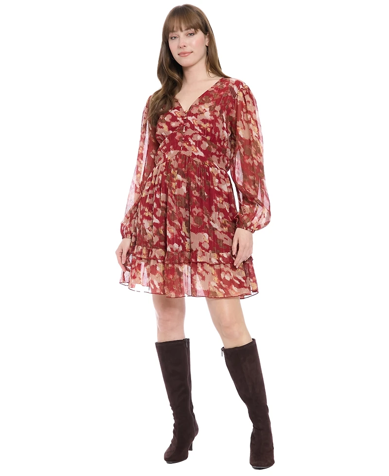 London Times Women's V-Neck Printed Flounce Dress