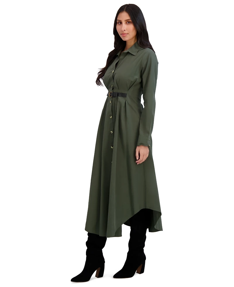 London Times Women's Collar Front Belted Shirt Dress