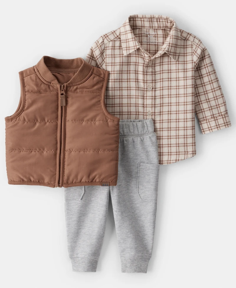 Carter's Baby Boys 3-Piece Plaid Sleeveless Vest, Shirt and Joggers Set