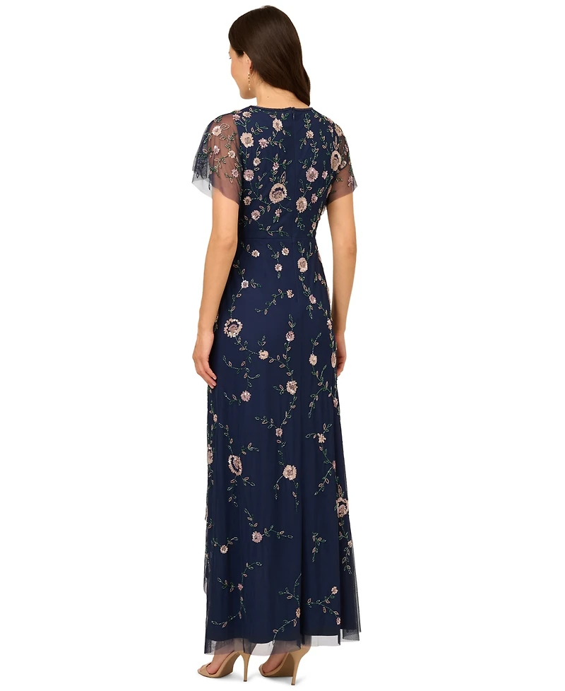 Adrianna Papell Women's Bead Flutter-Sleeve Midi Mesh Dress