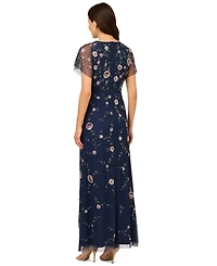 Adrianna Papell Women's Bead Flutter-Sleeve Midi Mesh Dress