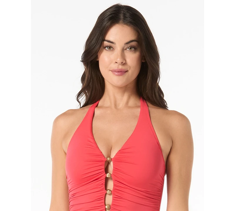 Carmen Marc Valvo Women's Beaded Plunge One-Piece Swimsuit