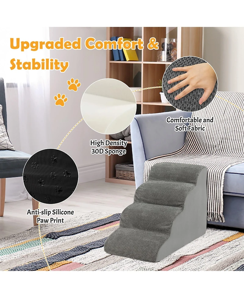 Gymax 4-Tier Foam Dog Ramp Non-Slip Dog Steps Soft Pet Stairs Ladder w/ brush for High Sofa Bed