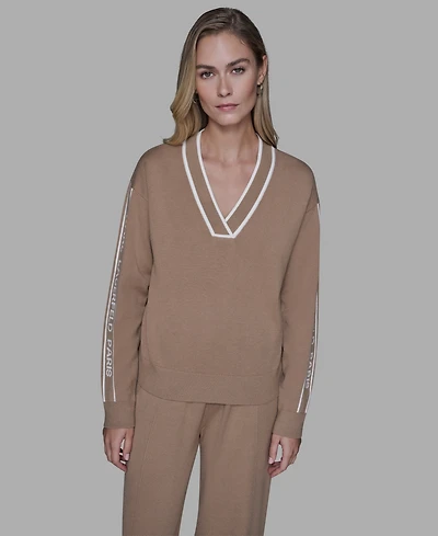 Karl Lagerfeld Paris Women's Logo Tape V-Neck Sweater