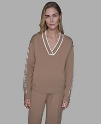 Karl Lagerfeld Paris Women's Logo Tape V-Neck Sweater