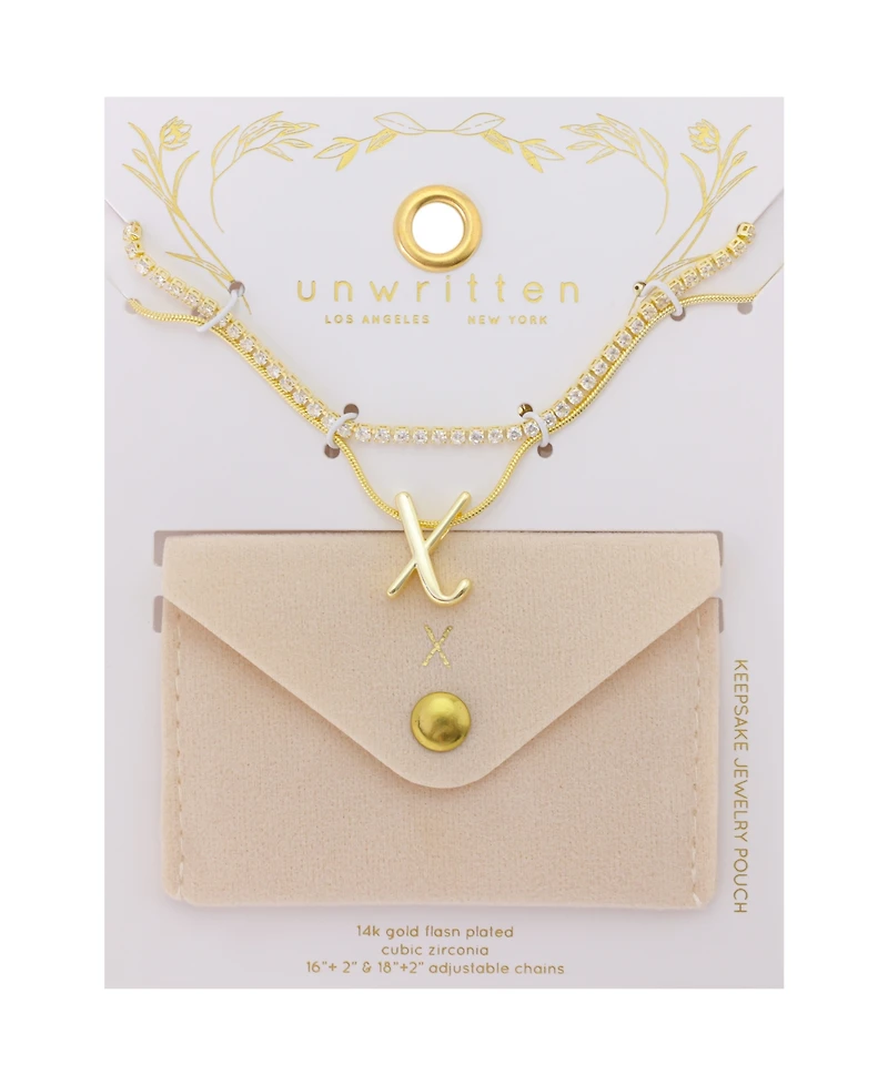 Unwritten Letter "X" Initial Snake Chain Cubic Zirconia Chain Necklace With Extender 2Pcs Set