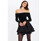 Miss Circle Women Magnolia Black Off-Shoulder Layered Satin Mini Dress