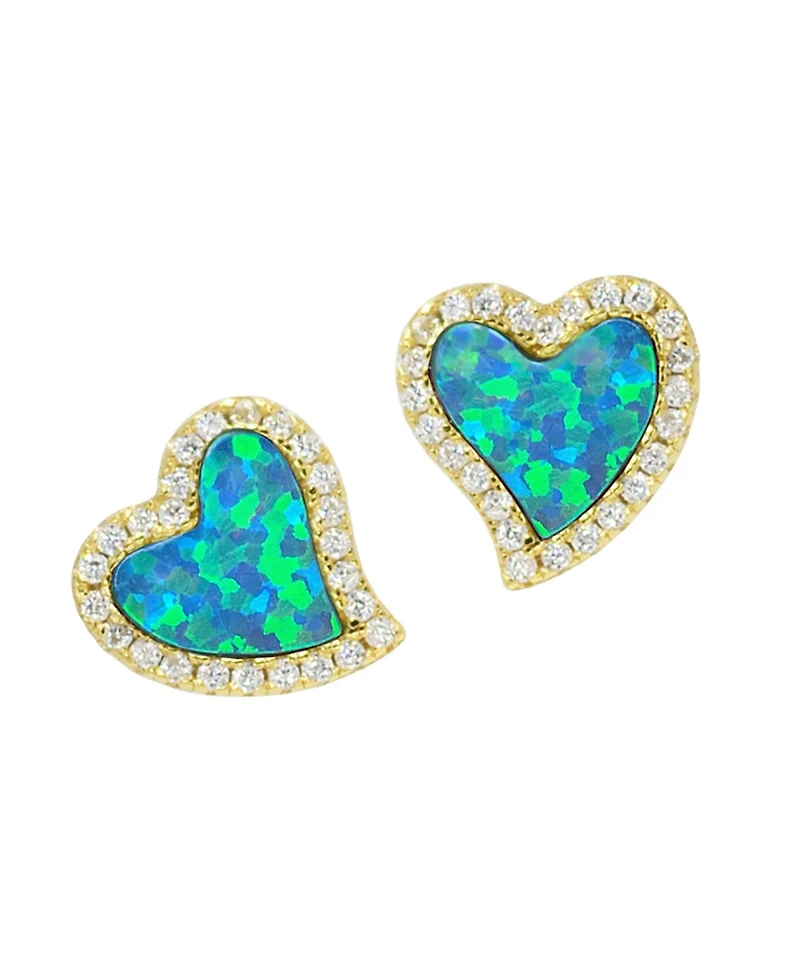 Kamaria Amore Heart Stud Earrings With Lab-Grown Opal 14k Gold Plated Sterling Silver