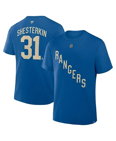 Fanatics Men's Igor Shesterkin Blue New York Rangers Authentic Stack Name Number T-Shirt