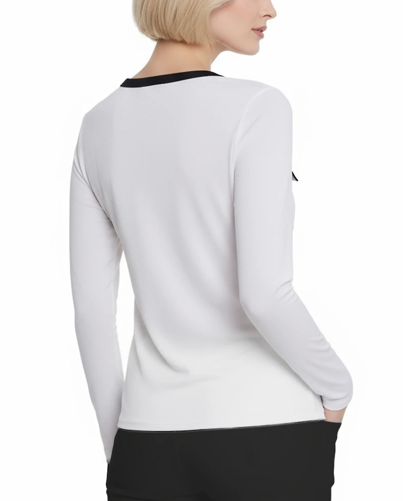 Ny Collection Petite Long Sleeve Contrast Detail Top