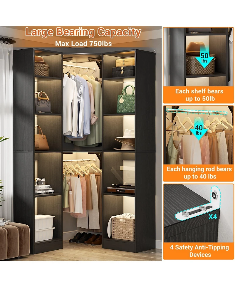 Aheaplus 40'' Large Corner Closet Organizer System with 12 Shelves, 6 Tier Walk-in 2 Hanging Rods