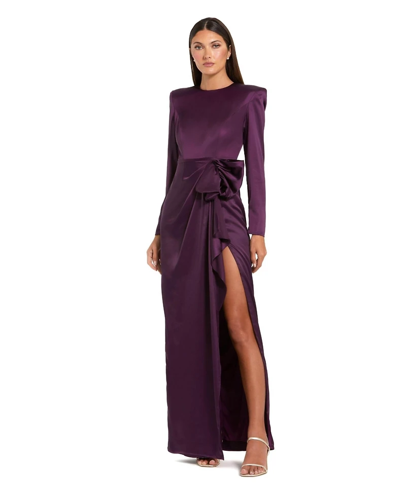 Mac Duggal Women's Long Sleeve Structured Bow Draped Column Gown