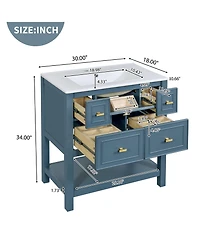 Lovmor 30inch Bathroom Vanity with Ceramic Sink Combo Free Standing Single Vanity Set with 5 Drawers Solid Wood Frame Bathroom Storage Cabinet