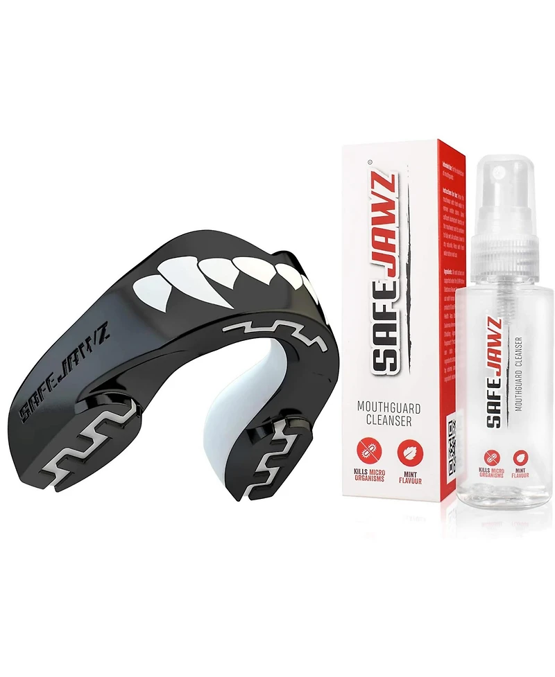 SafeJawz Extro Dual Layer Sports Mouth Guard and Disinfectant Spray Bundle for Basketball, Football, Mma, Hockey, Wrestling - Junior Goldie