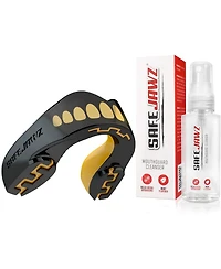 SafeJawz Extro Dual Layer Sports Mouth Guard and Disinfectant Spray Bundle for Basketball, Football, Mma, Hockey, Wrestling - Junior Goldie