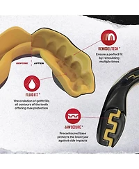 SafeJawz Extro Dual Layer Sports Mouth Guard and Disinfectant Spray Bundle for Basketball, Football, Mma, Hockey, Wrestling - Junior Goldie
