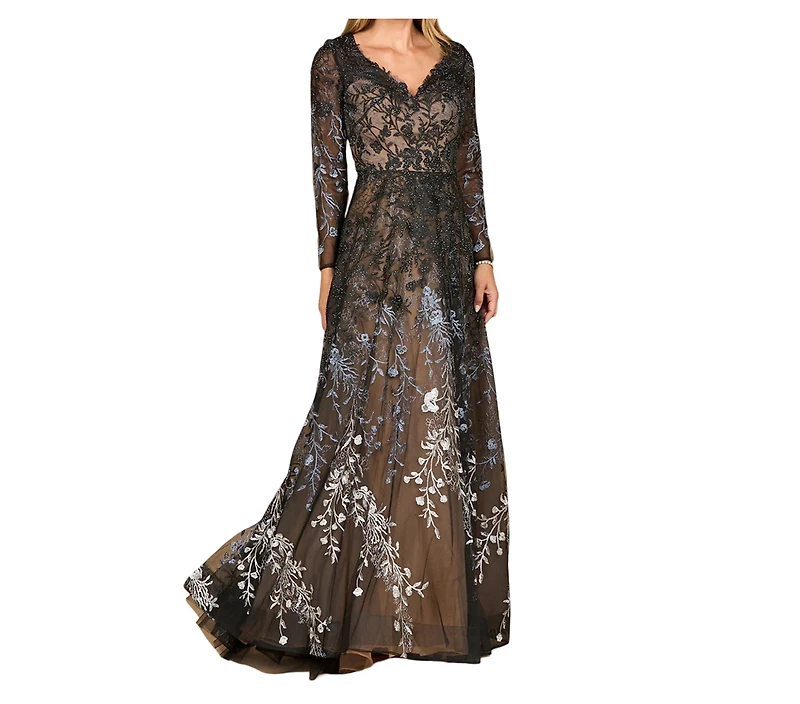 Lara Women's Long Sleeve V-Neck Ombre Lace Gown