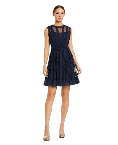 Mac Duggal Women's Mesh Micro Ruffle High Neck Mini Dress