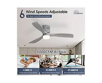 52-inch Modern Sliver 3 Solid Wood Blades Flush Mount Tri color Adjustable Ceiling Fan Light with Remote Control