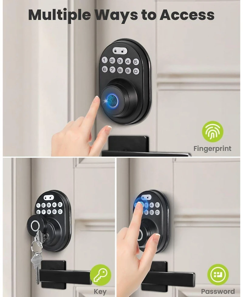 Keyless-Entry No-App Deadbolt Smart Lock with Fingerprint, Keypad, 2 Keys, Auto-Lock, IP56 Waterproof, Black
