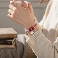Bling Jewelry Initial Heart Lover Couples Valentine Bff Starter Beads Multi Charm Bracelet Red Leather For Women .925 Sterling Silver European Barrel