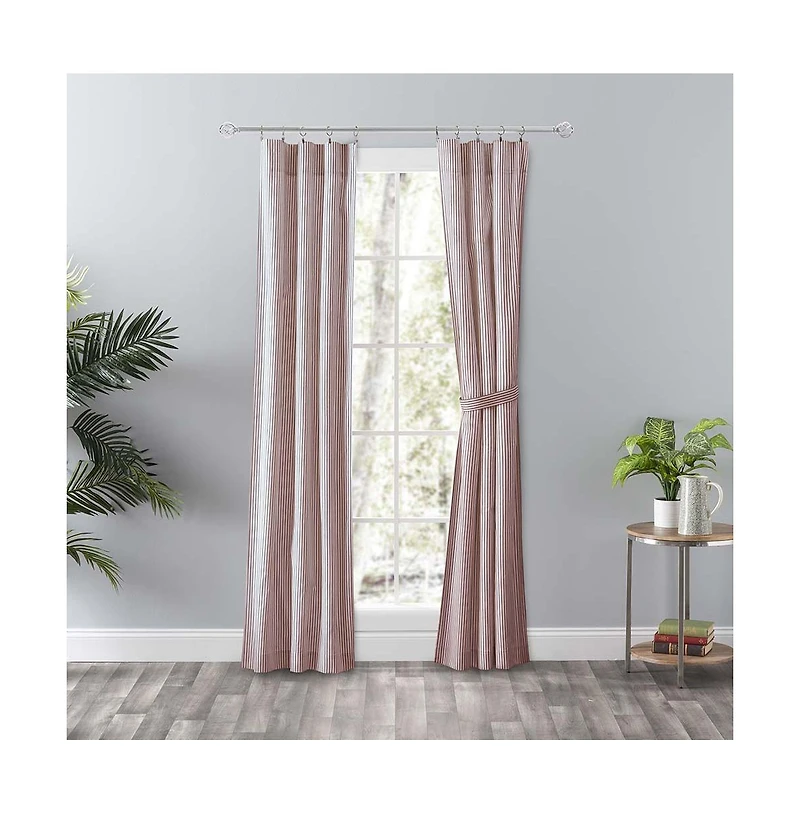 Ellis Curtain Plaza Classic Ticking Stripe Printed on Natural Ground Tailored Panel Pair with Tiebacks 56" x 84" Brick