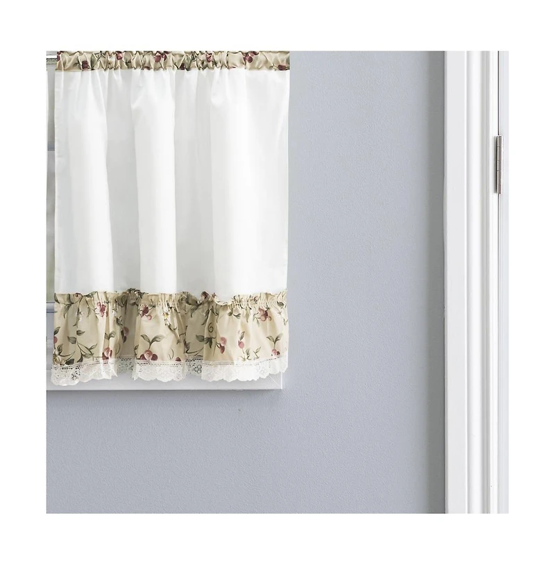 Ellis Curtain Cherries Ruffled 1.5" Rod Pocket Window Curtain Tiers 58"x36" Natural