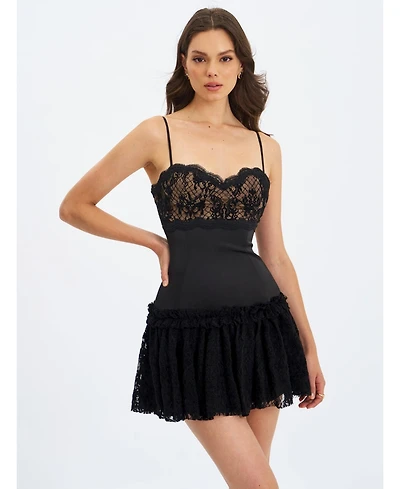 Miss Circle Women's Umra Black Contrast Lace Sweetheart Gathered Mini Dress