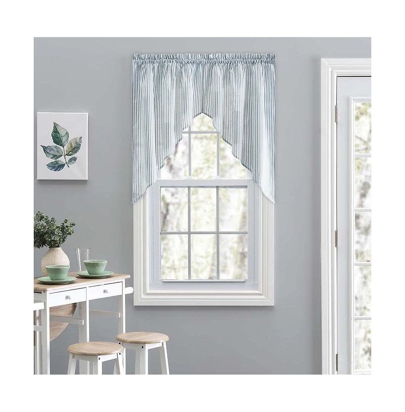 Ellis Curtain Plaza Classic Ticking Stripe Printed on Natural Ground 1.5" Rod Pocket Tailored Swag 56" x 36" Blue